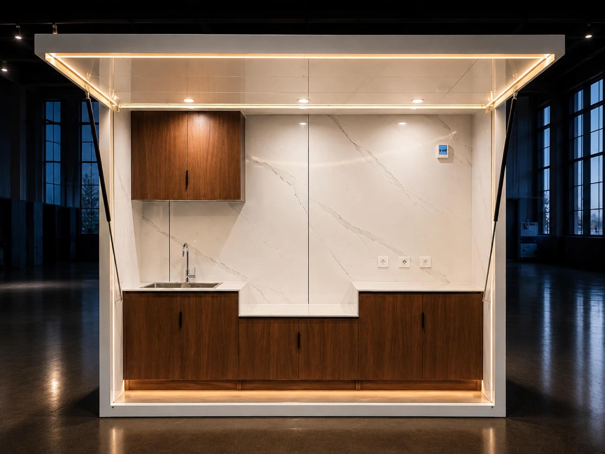 SleekGrill Backyard outdoor kitchen pod with the front open, showing the sink, stone bench, timber cabinets and lighting