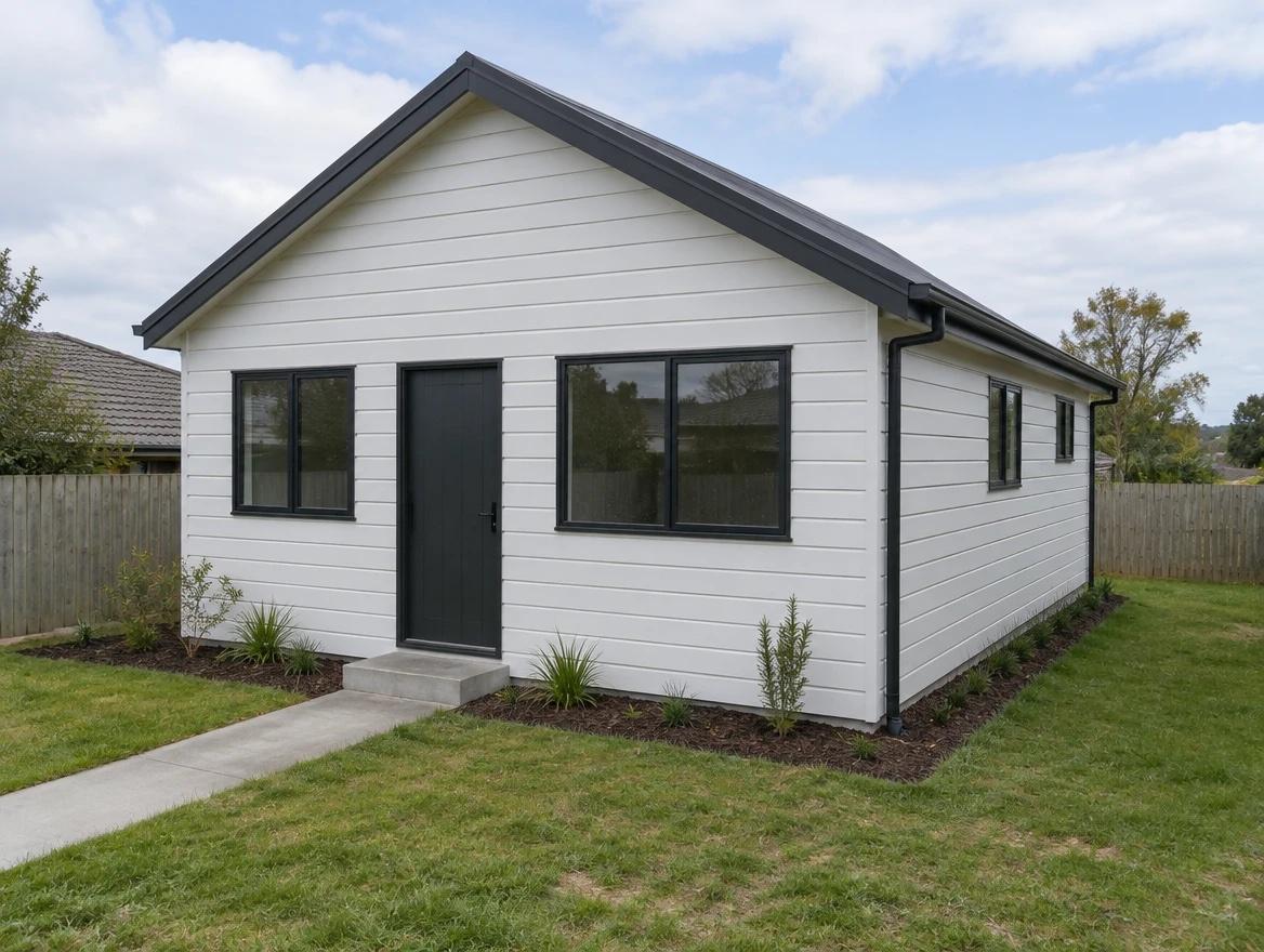SleekHaven 50 two bedroom granny flat, white weatherboard with dark roof and joinery